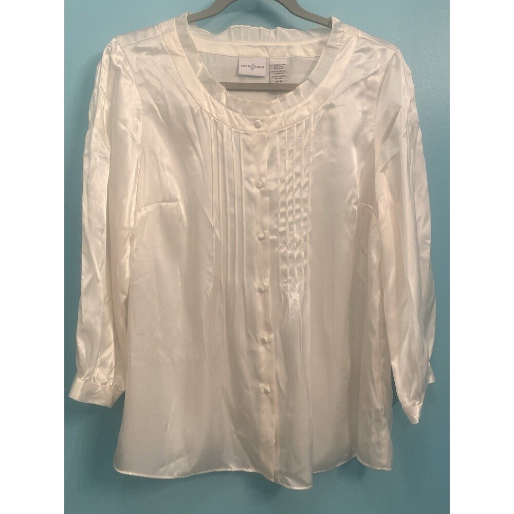Romantic Feminine Delicate Satin Blouse Top Shirt Cream White Covered Buttons